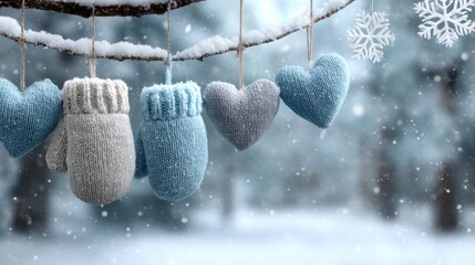Valentine&rsquo;s Day winter wonderland love. Snowy trees, heart-shaped snowflakes, woolly mittens, soft blue winter background. Winter sale banner, coupon, greeting card. 