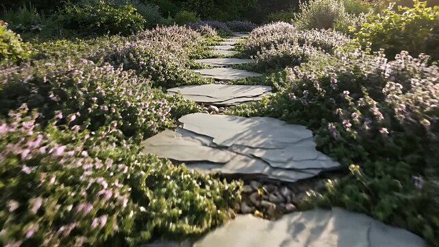 Stone pathway through a lush garden with vibrant greenery and flowers peaceful scene.