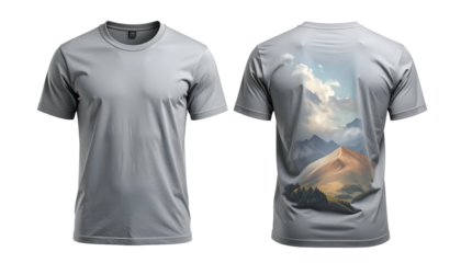 Two views a blank gray t-shirt, and one with a scenic mountain graphic on the back