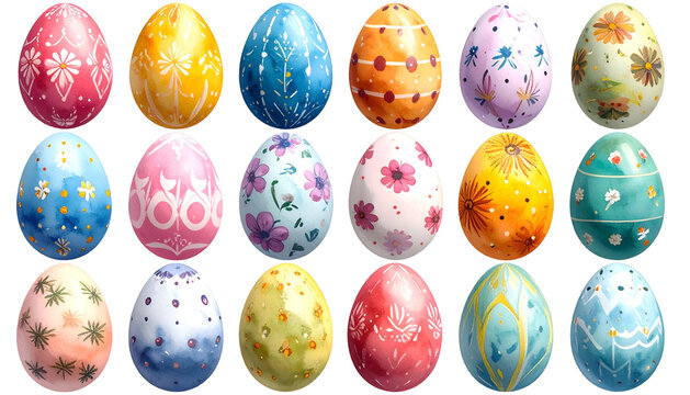 Watercolor painted Easter eggs in rows of varying colors and patterns