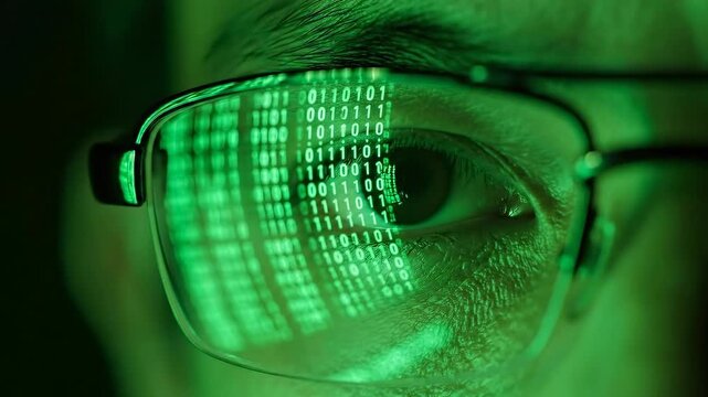acro view of programmer eyes in eyeglasses with a reflection of scrolling green binary digits. Concept of cyber security, hacking, software development and digital data processing.