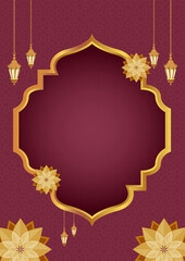 Islamic Ornamental Style Golden Lantern and Floral Frame Vertical Background Template