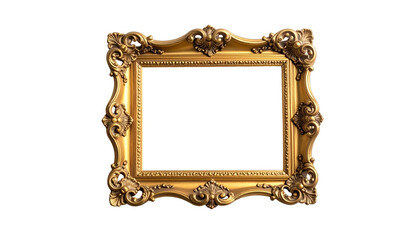 Ornate gold rectangular picture frame, empty center, against black background