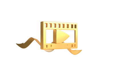 3D rendered golden video player with play symbol and ribbon against black backdrop