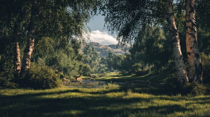 Idyllic woodland landscape with a tranquil pond and distant mountain view