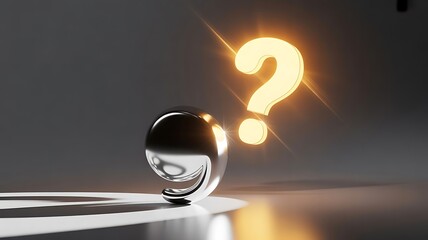 Shiny metallic comma symbol sits near a glowing golden question mark against a dark dramatic studio background