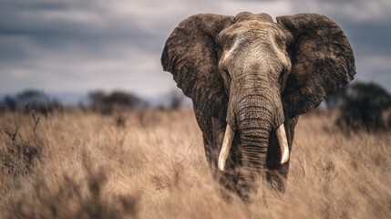 Majestic African elephant portrait in golden field under dramatic sky