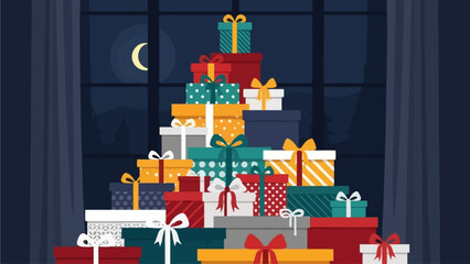 A festive pile of colorful wrapped presents stacked high like a sparkling tree, creating a cheerful display against the serene backdrop of a moonlit night, symbolizing holiday joy and generous giving