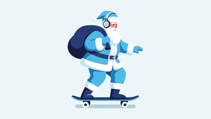 Santa Claus on a Skateboard with Headphones and Gift Bag, Christmas Holiday Celebration