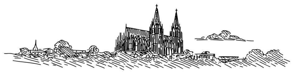 Gothic cathedral architecture vector illustration. Medieval church with twin spires. European religious building sketch.