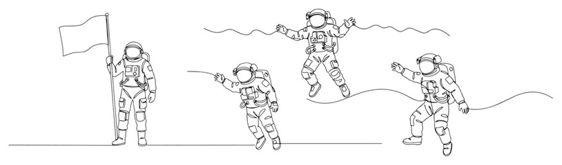 Astronauts space mission vector illustration. Group of spacemen walking with flag and floating in zero gravity on moon. Science fiction sketch. © Luka