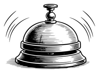 Hotel service bell ringing vector illustration. Vintage reception desk call bell with sound waves. Concierge alarm sketch.