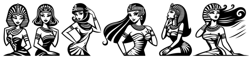 Ancient Egyptian woman vector illustration set. Cleopatra or queen character poses. Historical pharaoh lady sketch.
