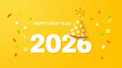 Vibrant Happy New Year 2026 celebration banner featuring scattered confetti and a cheerful party hat on a bright yellow background, ideal for festive greetings and holiday event promotions