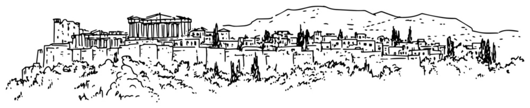 Acropolis of Athens panorama vector illustration. Ancient Greek Parthenon temple ruins on hill. Historical city sketch.