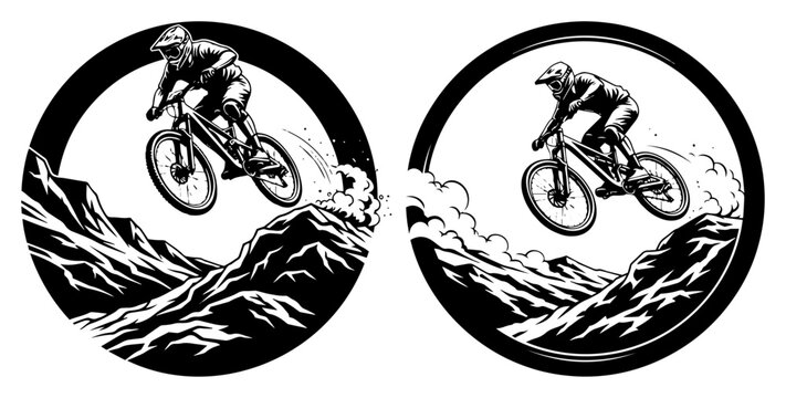 Mountain bike rider emblem set vector illustration. Cyclist jumping on MTB bicycle. Extreme sport silhouette logo.