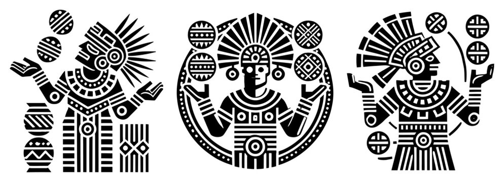 Mayan or Aztec juggler vector illustration set. Tribal man with feathers performing with balls. Ancient ethnic totem geometric sketch.