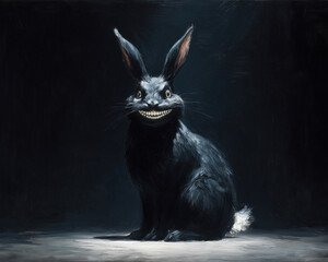 A dark and eerie image of a black rabbit with an unnerving grin, creating a surreal and unsettling atmosphere