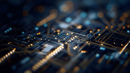 Glowing circuit board reveals intricate pathways of modern technological innovation and digital design