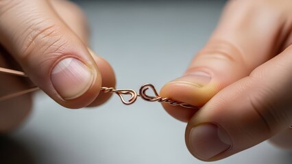 Person crafting handmade jewelry with copper wire in close-up  