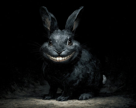 A dark and eerie image of a black rabbit with an unnerving grin, creating a surreal and unsettling atmosphere