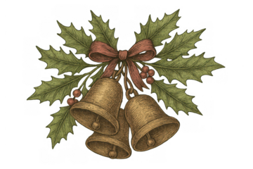 Christmas bells hanging from holly branch with red ribbon and berries providing vintage holiday decoration on transparent background