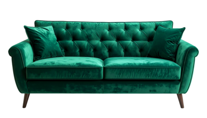 Plush, emerald green velvet sofa with button tufting, two pillows, and dark wooden legs