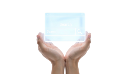 Hands cupping a glowing, transparent search bar overlay against a black background