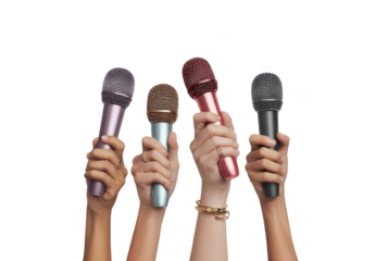 Many hands holding colorful microphones