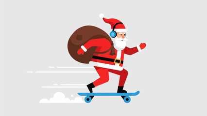 Festive character with headphones skateboarding with a gift sack, bringing modern holiday joy and swift present delivery