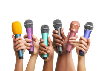 Many hands holding colorful microphones