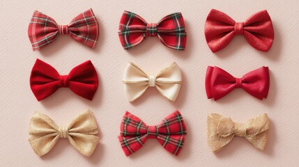 Collection of red, gold and plaid bow ties arranged on pastel pink background
