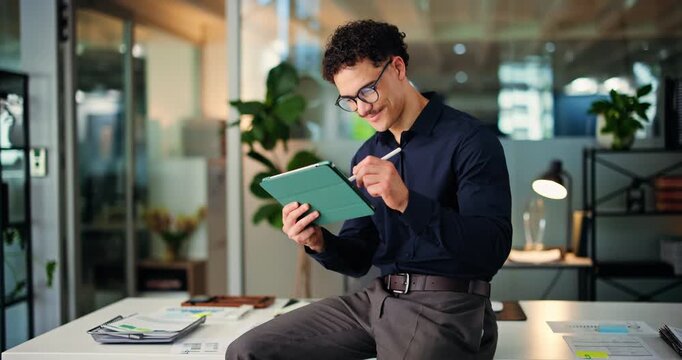 Reading, smile or man in office with tablet, profit update or good news on investment return. Finance, stylus or analyst in agency with tech, budget review or revenue growth on client account.