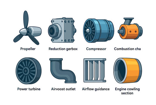 Aircraft engine parts, flat vector illustration, turbine, compressor, propeller