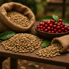 Fototapeta premium Coffee harvest still life with green coffee beans and ripe coffee cherries