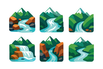 Mountain river and waterfall scenes, flat vector illustration, nature landscape
