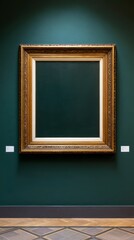 Empty Golden Frame: An opulent, gold-leafed frame, a symbol of artistry and timeless elegance, hangs proudly against a deep teal wall, creating a captivating visual paradox of absence and potential.