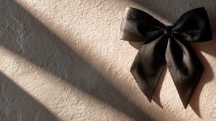 Elegant black ribbon bow positioned on warm neutral textured fabric background, casting soft shadows, perfect for gift wrapping or decorative purposes with copy space