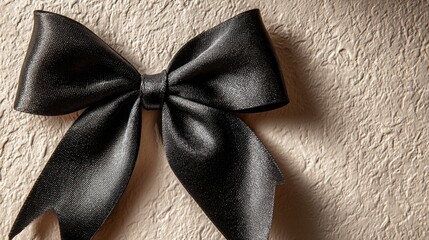 Elegant black ribbon bow positioned gracefully on the left edge of a textured cream background, illuminated softly to enhance its luxurious appearance and charm