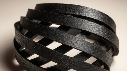 Overhead view of multiple black ribbon strips arranged in a geometric pattern on a smooth ivory background, showcasing elegant design and texture with copy space