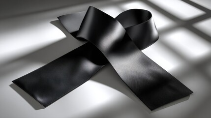 Black ribbon elegantly arranged in a symbolic shape, casting soft shadows on a matte white background, creating a serene and minimalist aesthetic with copy space
