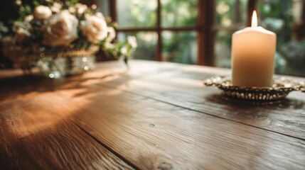 White candle on rustic wooden table, softly illuminated by warm evening light, surrounded by floral arrangement, creating a serene atmosphere with ample copy space