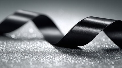 Black satin ribbon elegantly drapes across a shimmering silver metallic surface, illuminated by cool directional lighting, creating a sophisticated and artistic visual composition