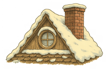Drawing of a snowy cottage roof featuring a round dormer window and a brick chimney, isolated on a transparent background