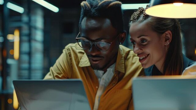 Two people working together on a laptop in an office environment, sharing knowledge and collaboration