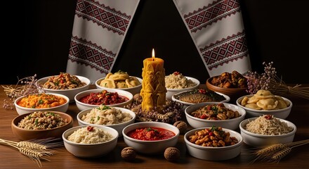 Orthodox Christmas Eve celebration table, a sacred Holy Supper with traditional Lenten dishes, a lit candle, ornate embroidered textile, rustic setting, spiritual warmth.