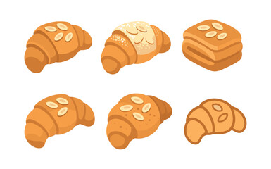 Croissant and pastry set, bakery treats, flat vector illustration