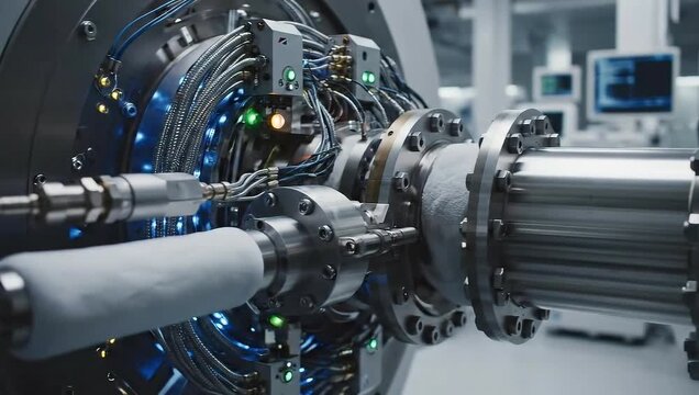 Close up of futuristic industrial machinery with cryogenic cooling system and complex wiring in high tech laboratory