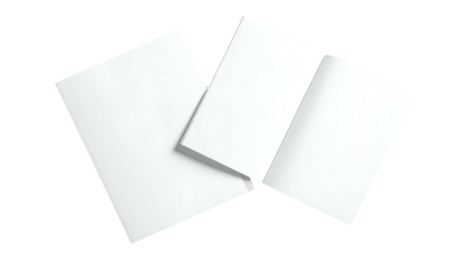 Two blank white brochures, one closed and one open, with a crisp, clean aesthetic