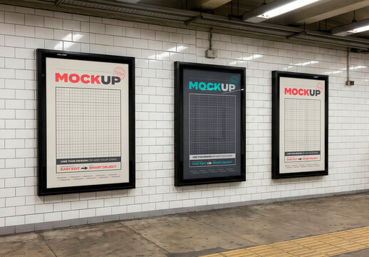 Three Vertical Sign on Subway Station Mockup